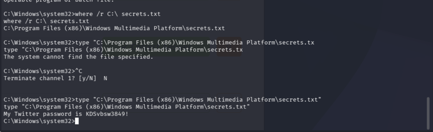 where /r C:\ locating realsecret.txt